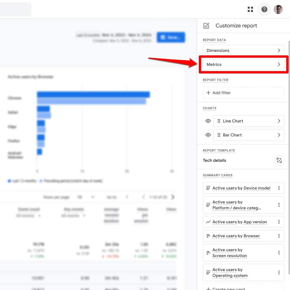Редактировать показатели отчета в Google Analytics