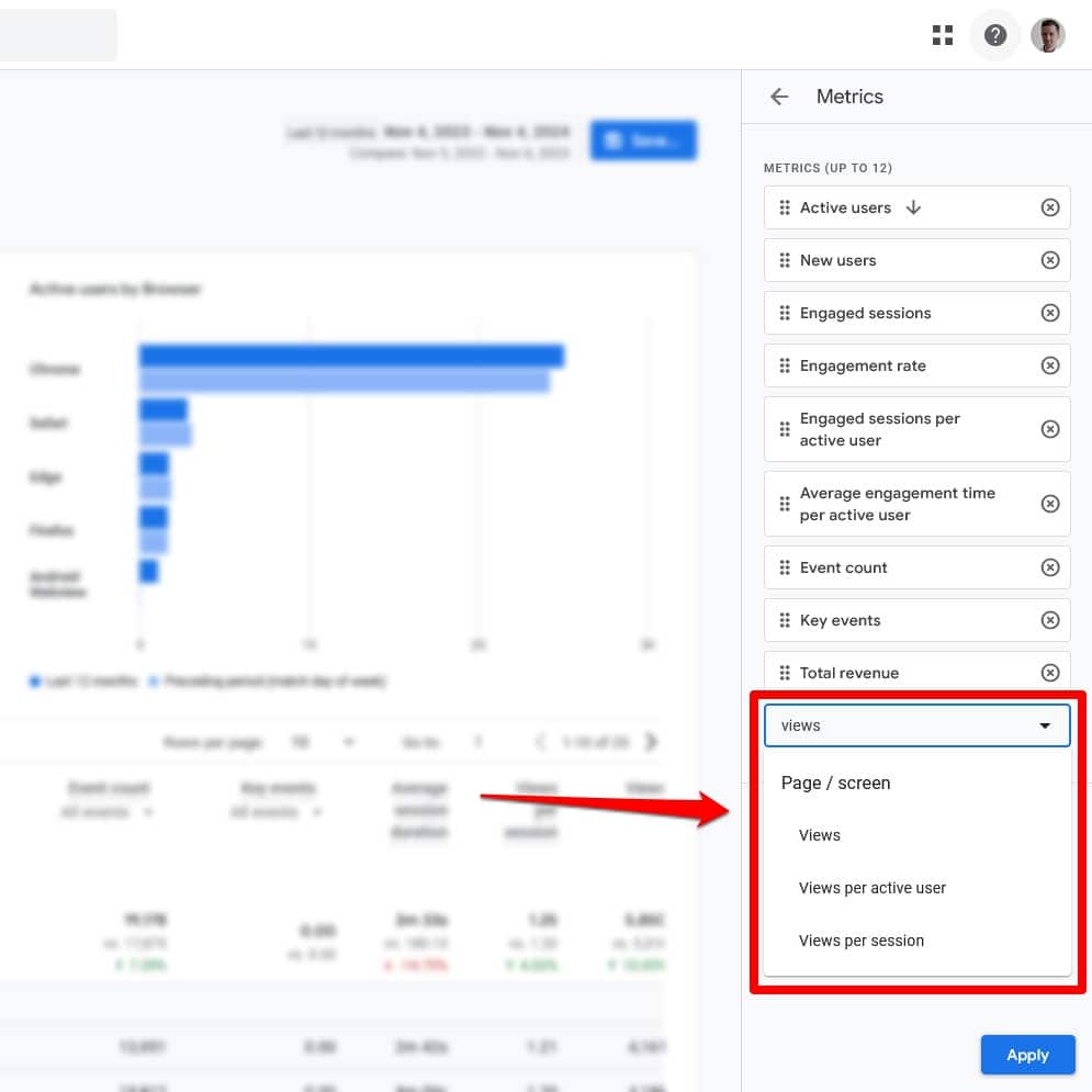 Добавляйте и удаляйте показатели отчета Google Analytics