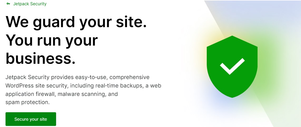 Secțiunea eroă a paginii pluginului Jetpack Security de pe jetpack.com cu titlu, paragraf și îndemn la acțiune „Secure your site”.