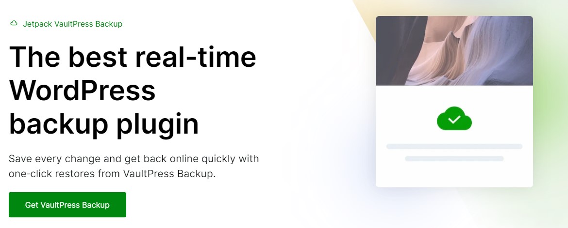 Erou de pagină web pentru pluginul Jetpack VaultPress Backup cu titlu, paragraf și pagina „Obțineți backup Vaultpress”.