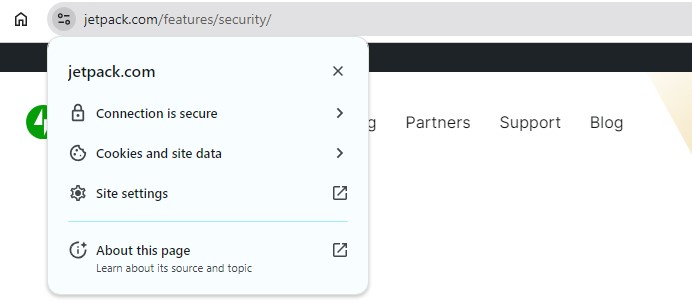 Pagina web situată la Jetpack.com/features/security cu opțiuni de securitate vizualizate în browser web care arată că conexiunea este sigură.