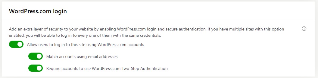 Setări de conectare WordPress.com în conectorul Jetpack cu toate opțiunile activate.