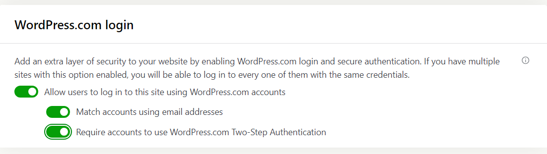 Options de connexion WordPress.com dans le plugin Jetpack avec toutes les options activées.