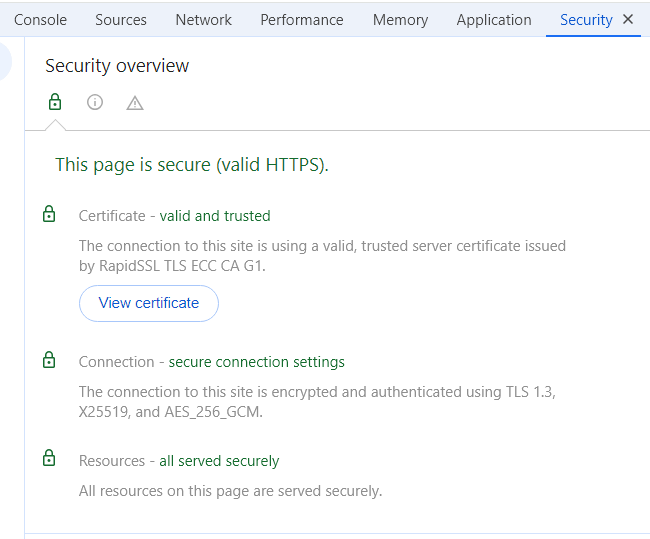 Capture d'écran des outils de développement Chrome – Onglet Sécurité affichant un certificat SSL valide et des informations de connexion sécurisée.