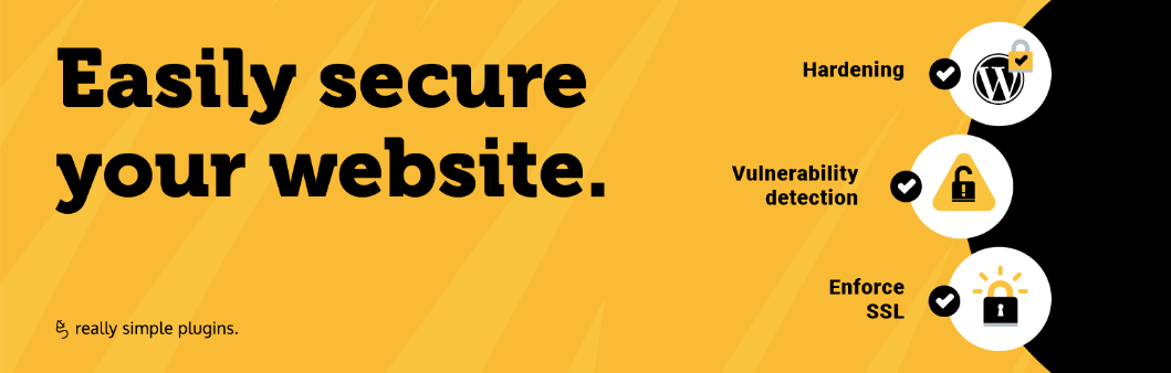 Héros de page Web du plugin Really Simple SSL avec titre et un éventail d'icônes et de fonctionnalités.