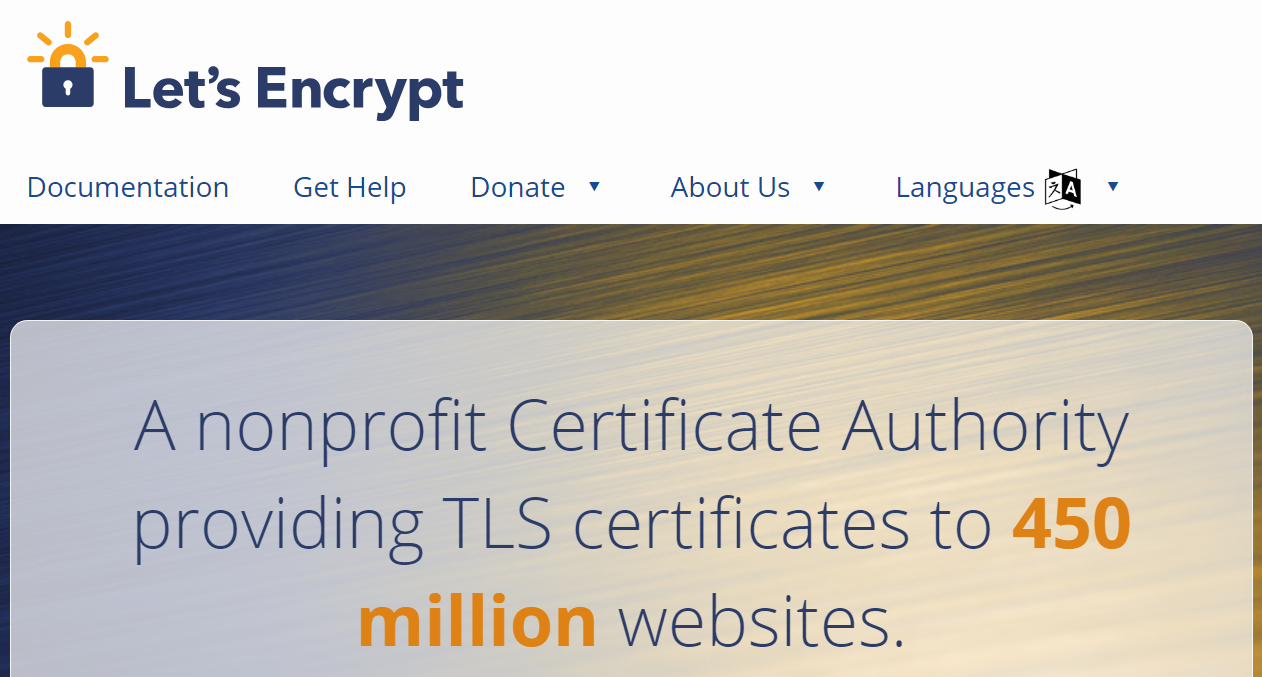 Let's Encrypt, héros de la page Web avec navigation et titre : "Une autorité de certification à but non lucratif fournissant des certificats TLS à 450 millions de sites Web."