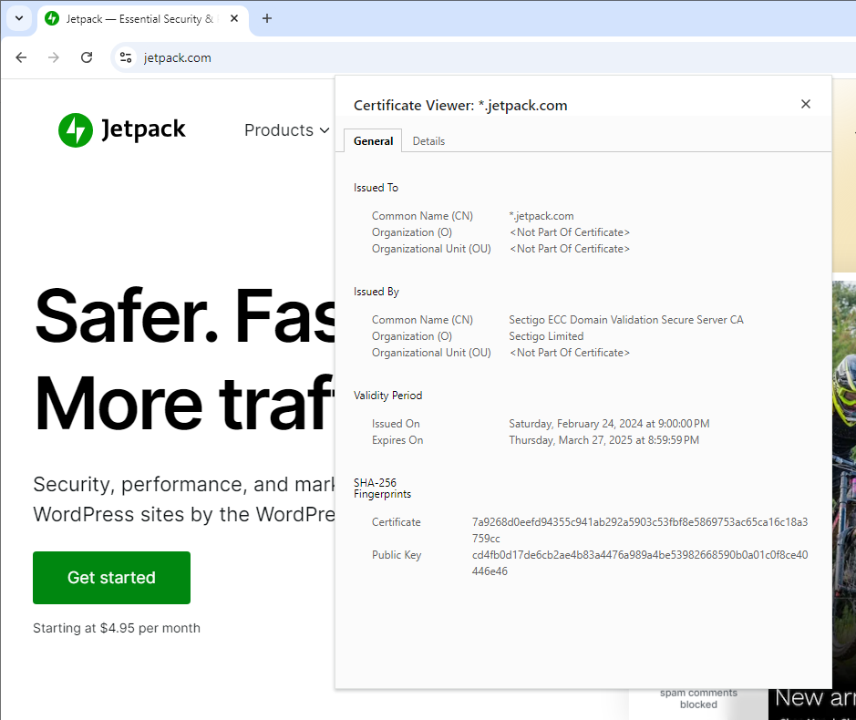 Page Web située sur Jetpack.com avec vue des options de sécurité et détails du certificat SSL développés.