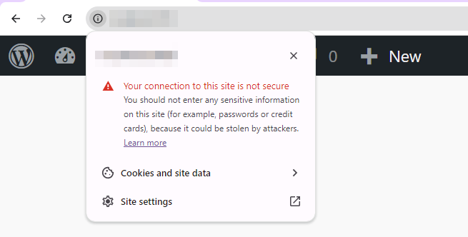 Page Web avec affichage des options de sécurité dans le navigateur Web indiquant que la connexion n'est PAS sécurisée.