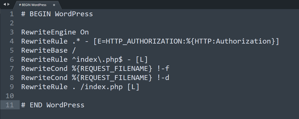 Capture d'écran d'un fichier .htaccess avec les règles WordPress en place.
