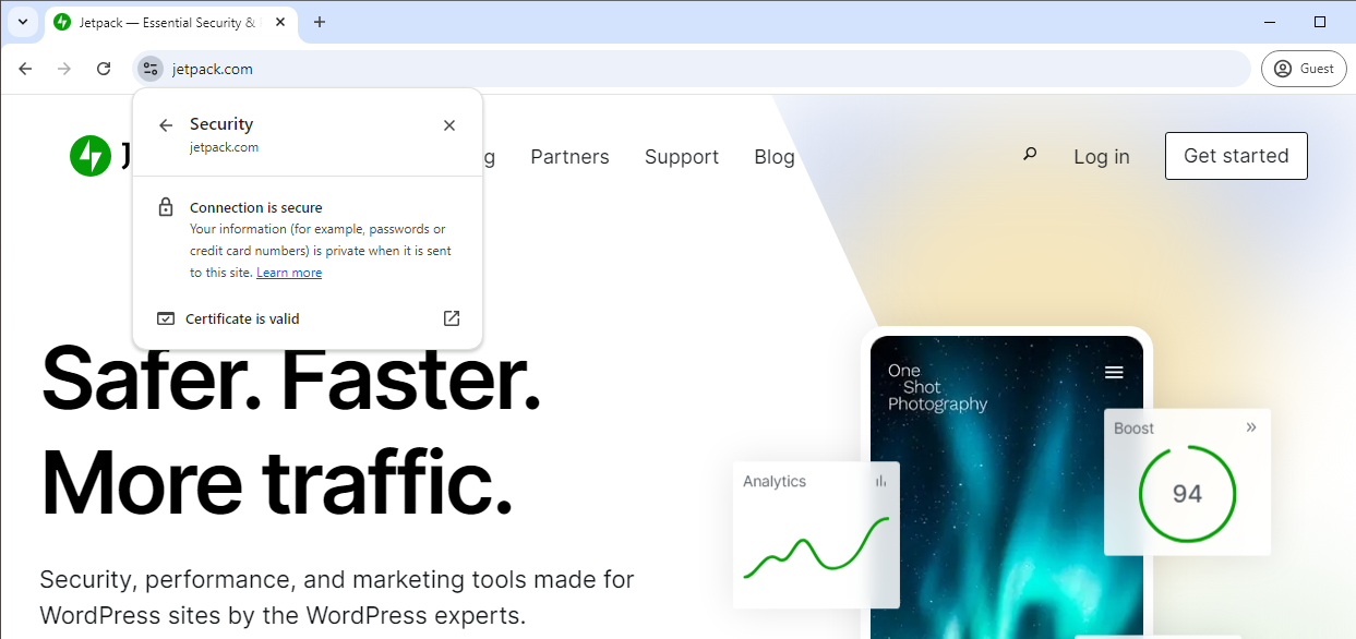Page Web située sur Jetpack.com avec affichage des options de sécurité dans le navigateur Web indiquant que la connexion est sécurisée.