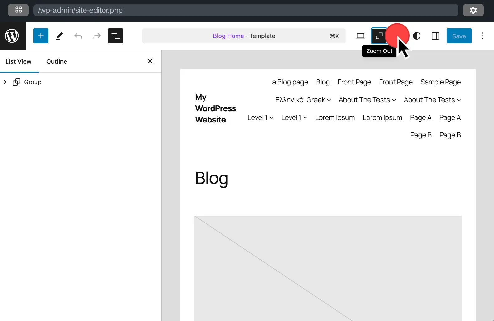 ブログ レイアウトのズームアウト プレビューを含むブログ ホーム テンプレートを表示する WordPress サイト エディターのインターフェイス。左側のサイドバーには「グループ」項目が選択された「リストビュー」が表示され、メインエディタ画面にはブログページの構造が表示されます。赤いカーソルはツールバーの「ズームアウト」ボタンを指し、ズームレベルを下げるオプションとして強調表示されます。
