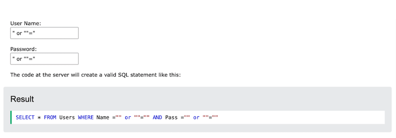 자격 증명을 공개하기 위한 SQL 주입의 예 - 출처: W3code