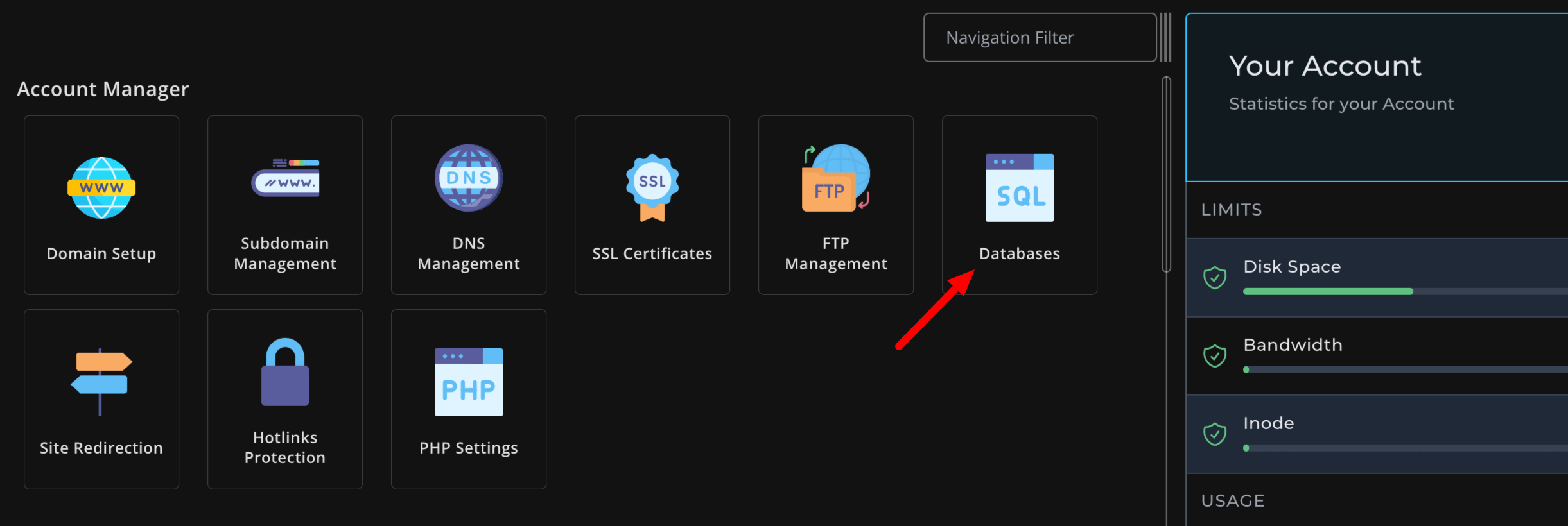 Cette image montre les bases de données dans un cPanel
