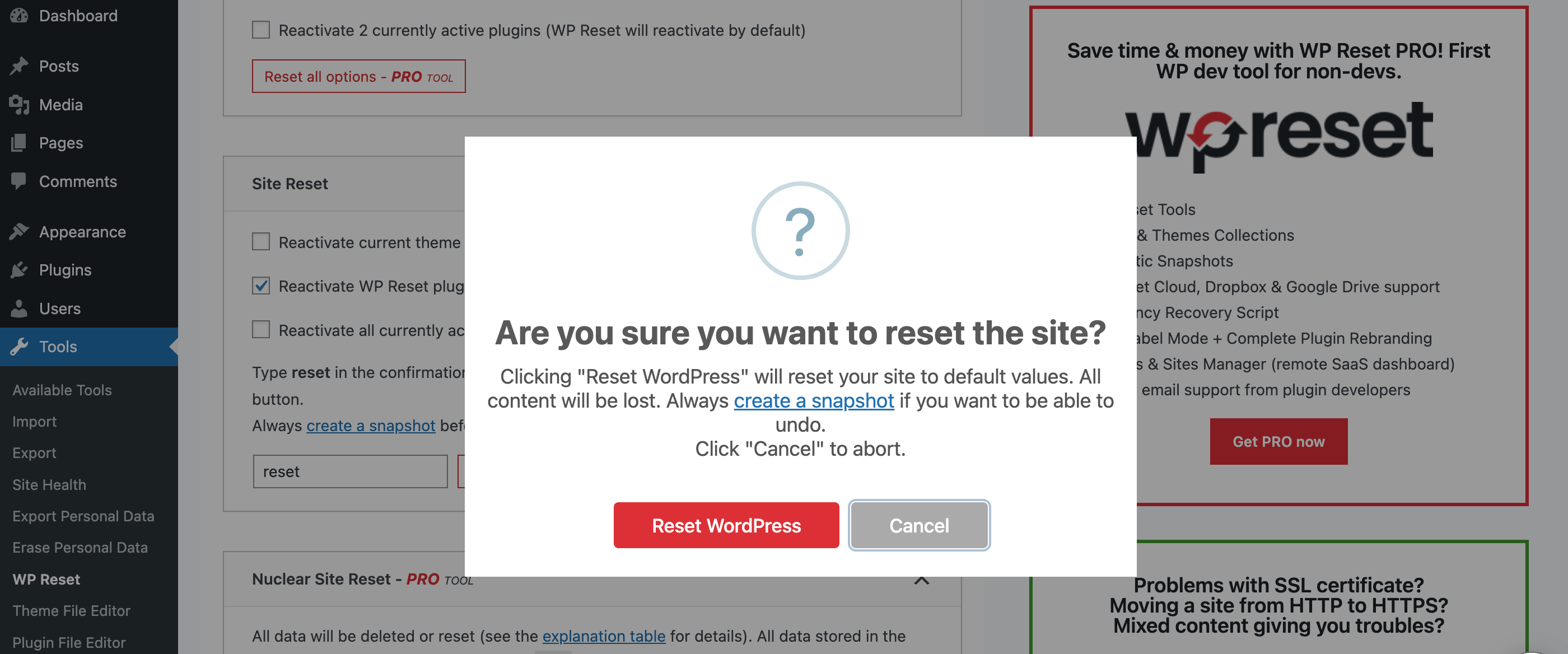 Cette image montre l'option de réinitialisation de WordPress