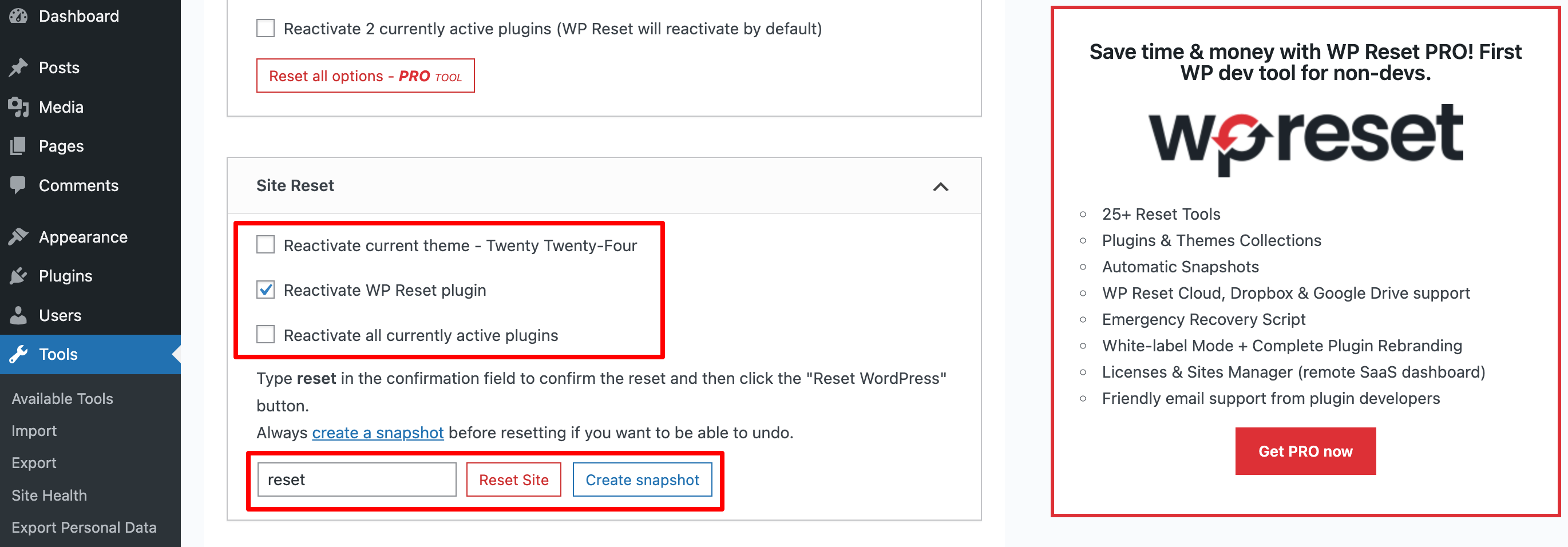 Cette image montre comment réinitialiser un site WordPress à l'aide du plugin WP Reset