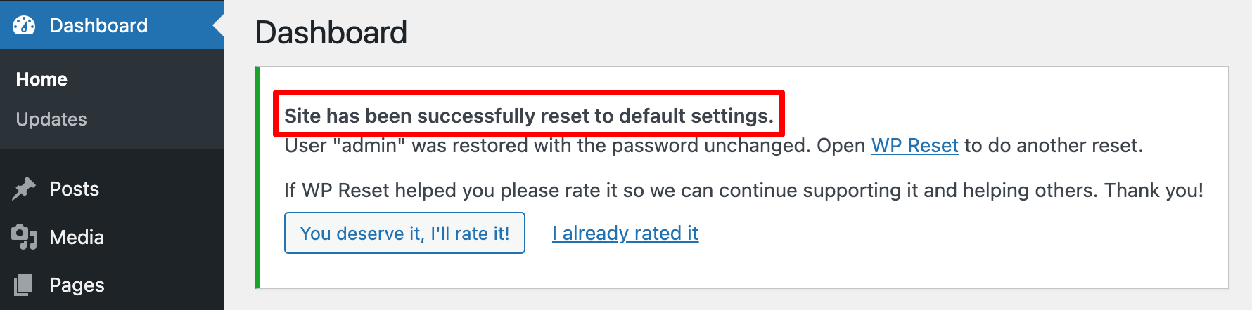 Il s'agit d'un message de réussite indiquant que la réinitialisation du site est terminée.