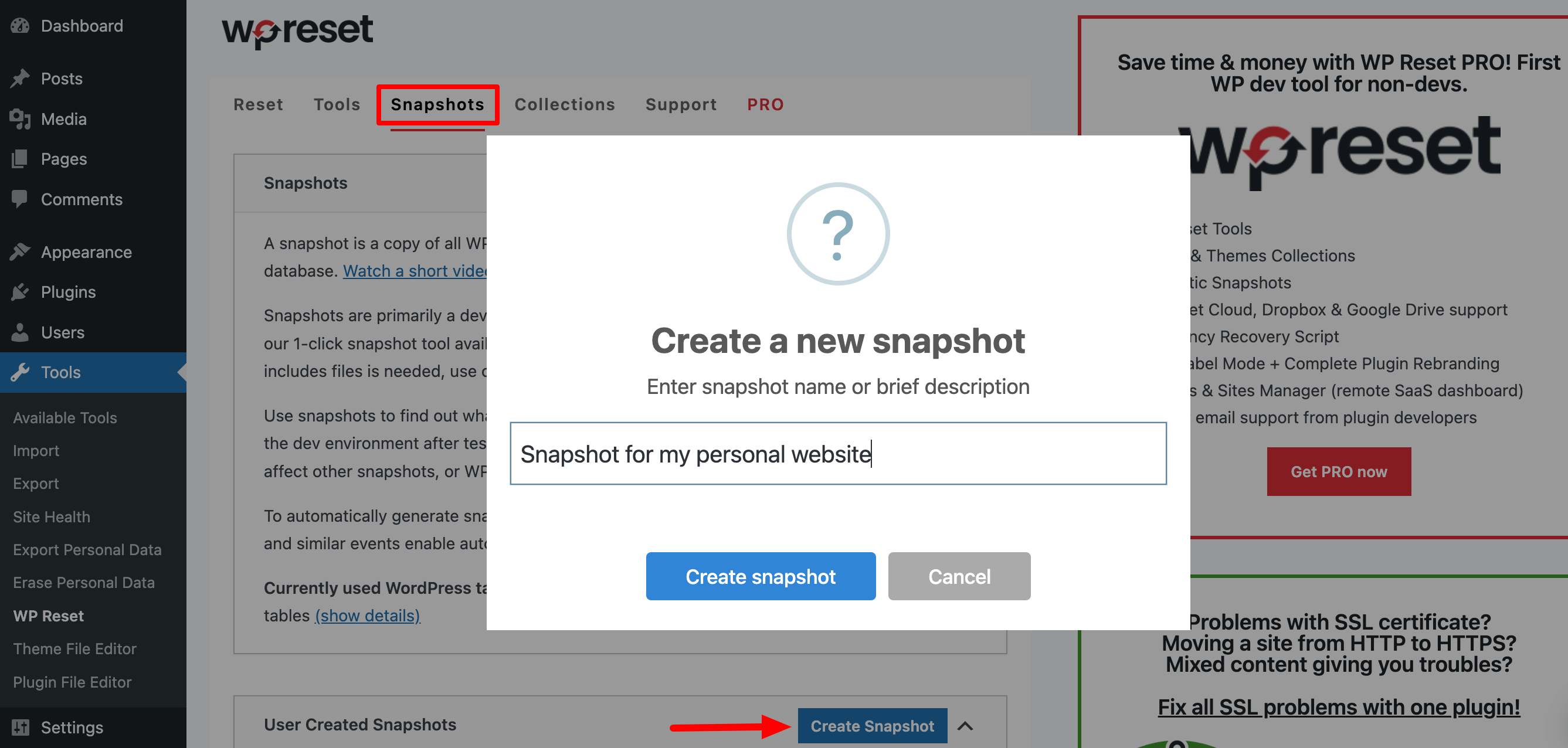 Cette image montre comment prendre un instantané à l'aide du plugin WP Reset