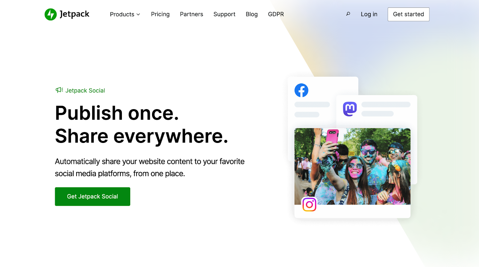 Eroe della home page di Jetpack Social con titolo, paragrafo, immagine e pulsante "Ottieni Jetpack Social".