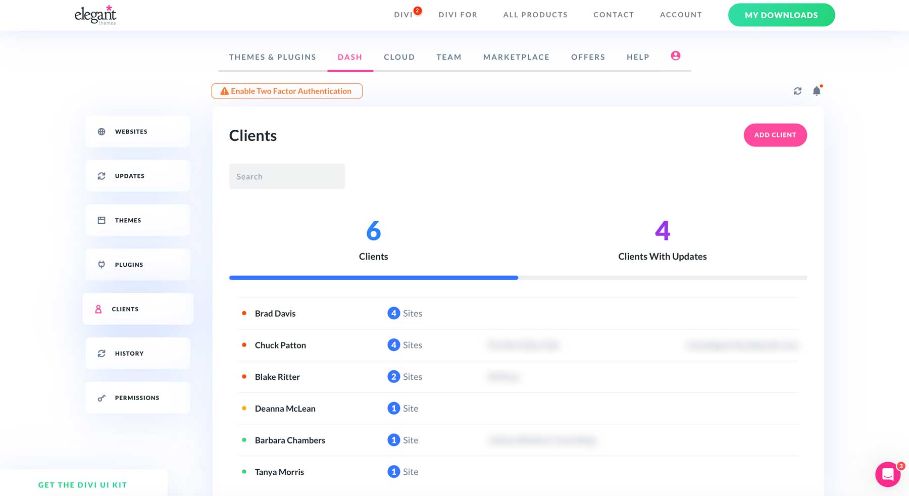Registerkarte „Divi Dash-Clients“.
