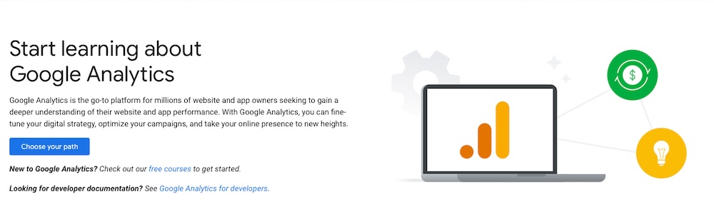 Ценное предложение веб-страницы Google Analytics и призыв к действию с заголовком, абзацем, кнопкой «Выберите свой путь» и изображением визуальных данных.
