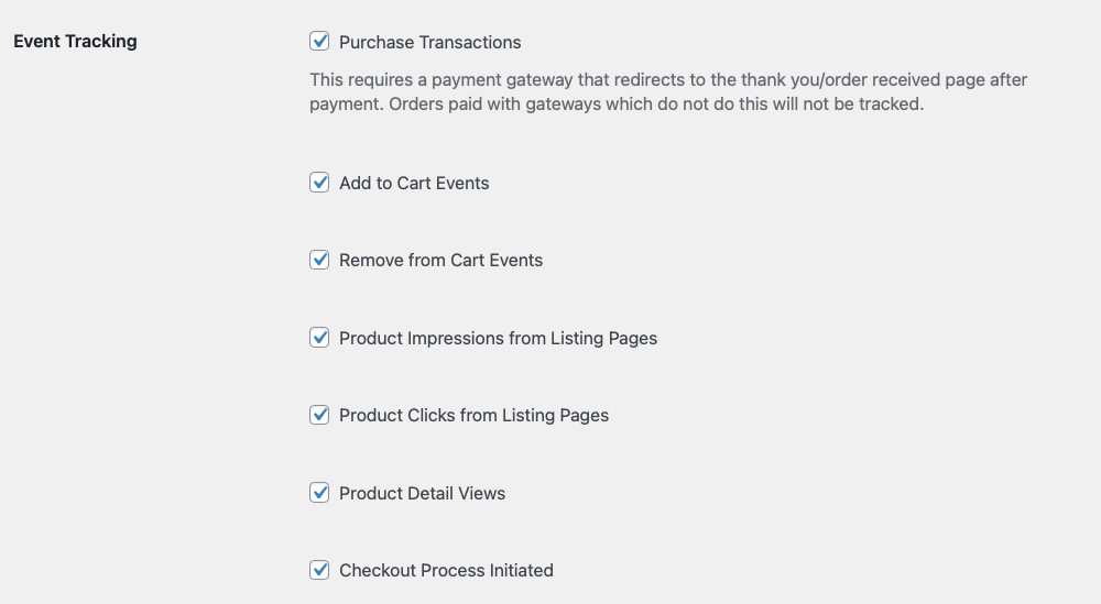 Настройки WooCommerce (вкладка «Интеграция») на панели управления WordPress с опциями отслеживания событий Google Analytics.