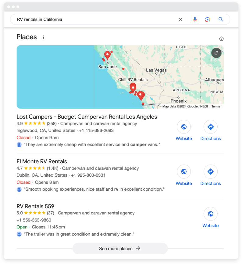 Una lista de resultados de búsqueda para alquiler de vehículos recreativos en California