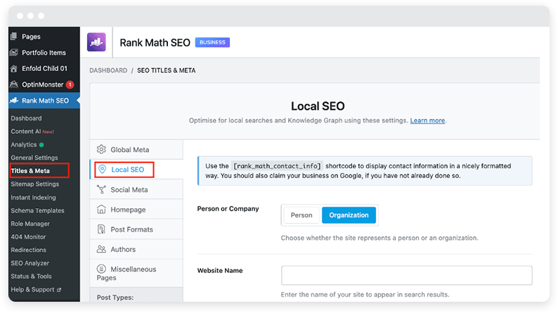 Los campos de esquema se muestran en el complemento RankMath para WordPress