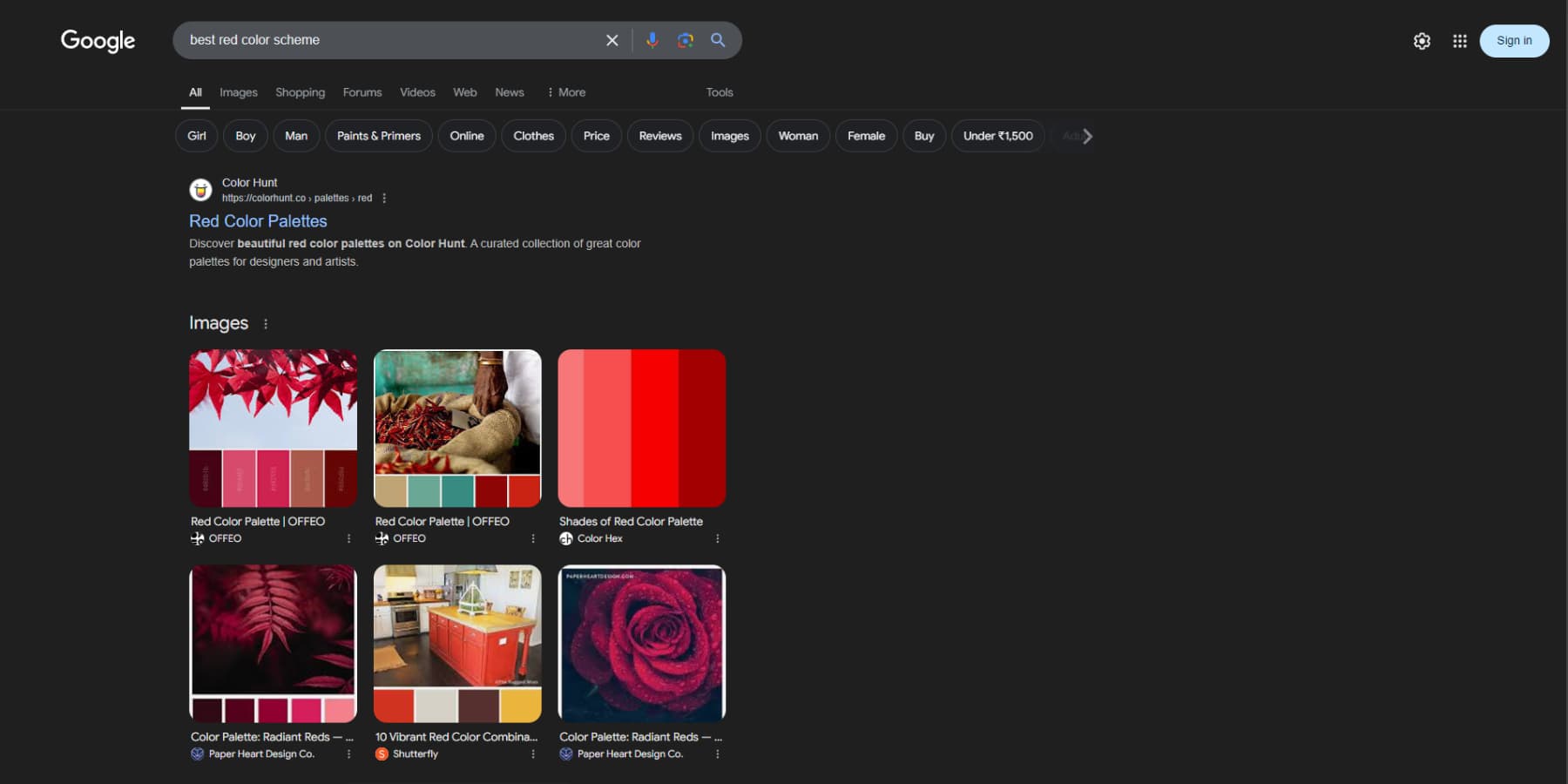 Ein Screenshot der Google-Suchergebnisse für eine Farbschema-Suchanfrage