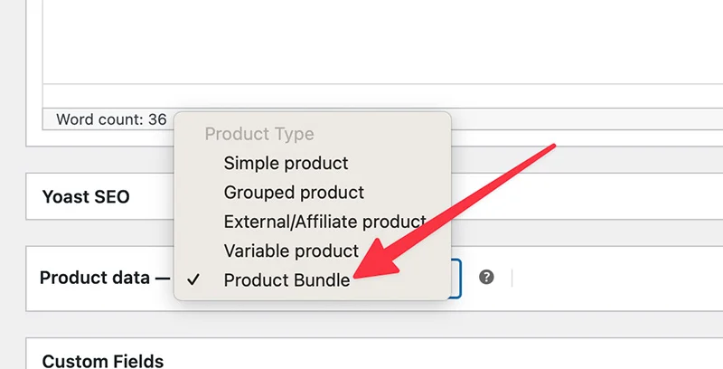 Seleccionar el tipo de paquete de producto en el editor de productos WooCommerce.