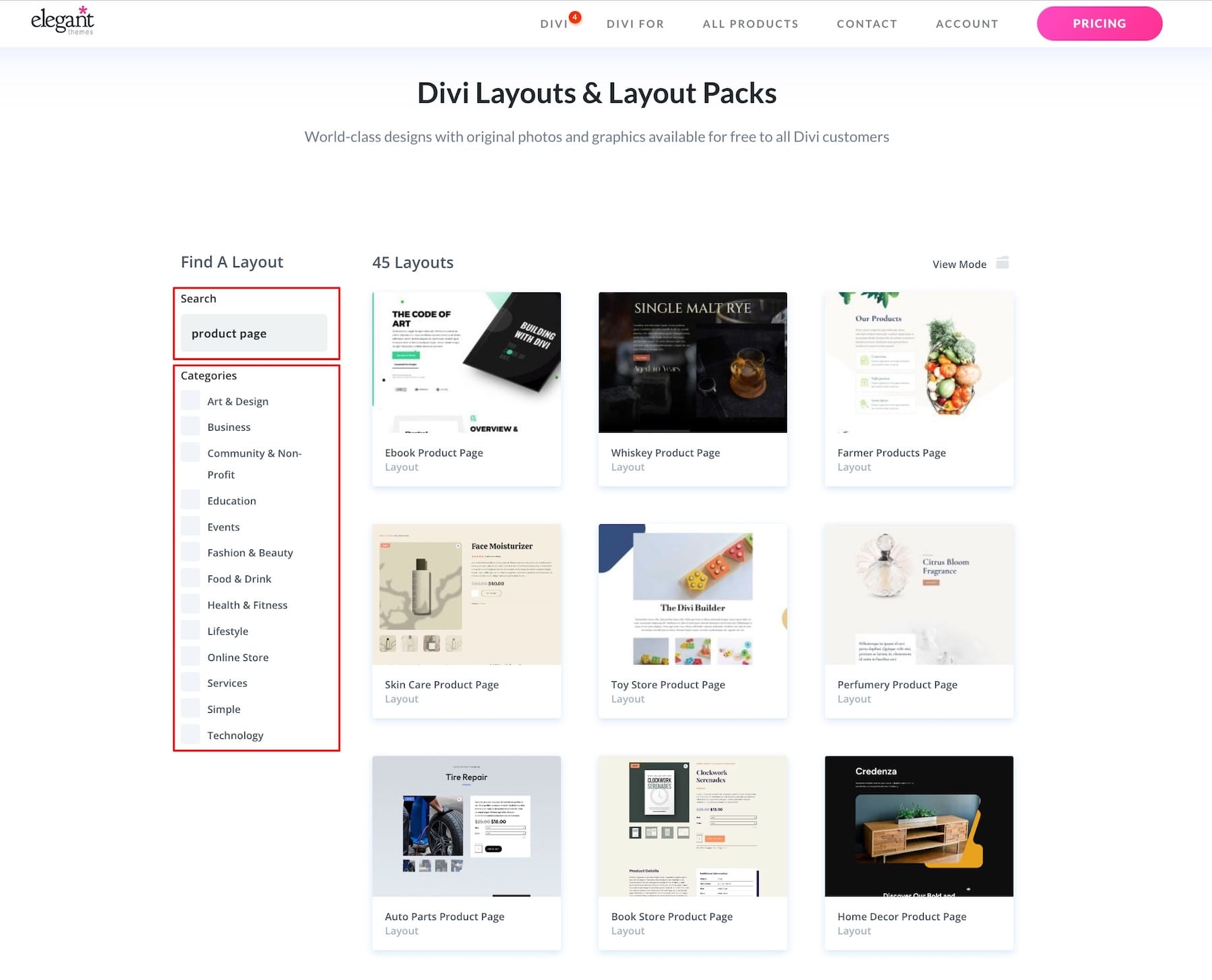 tata letak halaman produk divi