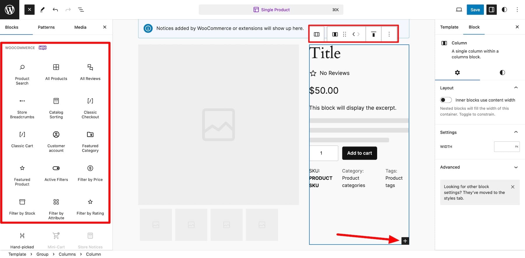 tambahkan blok woocommerce