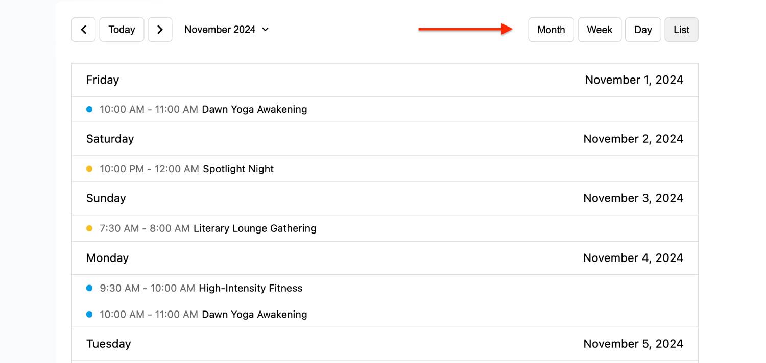 MotoPress Events Calendar プラグインのさまざまなスケジュール ビュー。