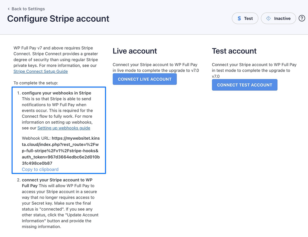 Stripe 계정 및 웹훅을 구성하는 페이지