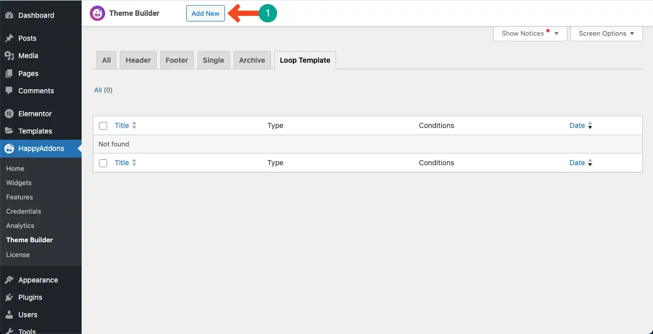 Cómo utilizar el widget Elementor Loop Grid en WordPress con HappyAddons 3 Add a new template for the Loop Grid