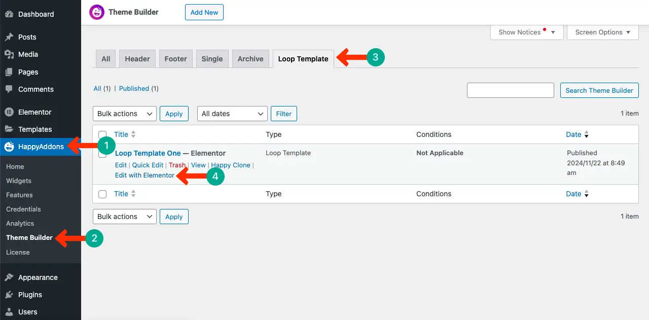Cómo utilizar el widget Elementor Loop Grid en WordPress con HappyAddons 29 Go to the Template Section on the Backend