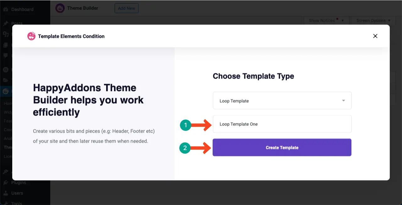 Cómo utilizar el widget Elementor Loop Grid en WordPress con HappyAddons 4 Give a name to the template