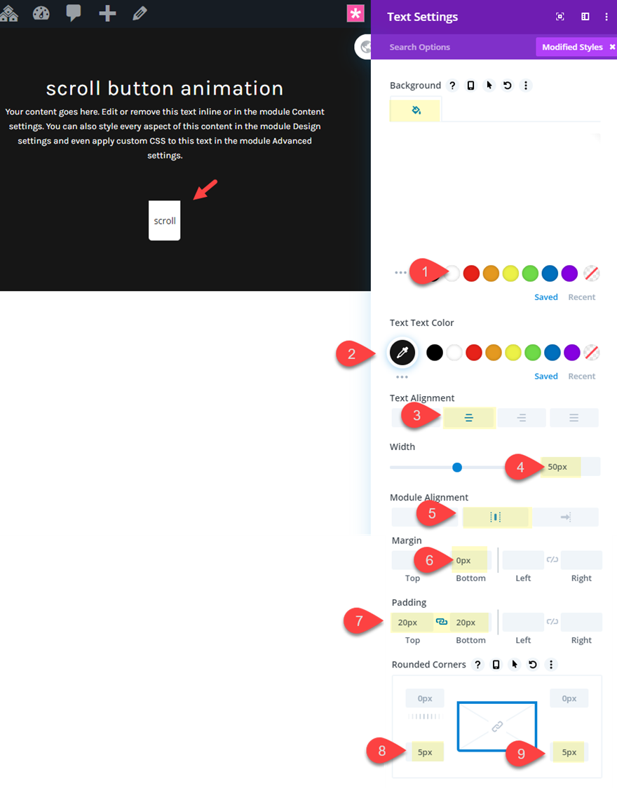 divi animasyonlu kaydırma düğmesi tasarımları