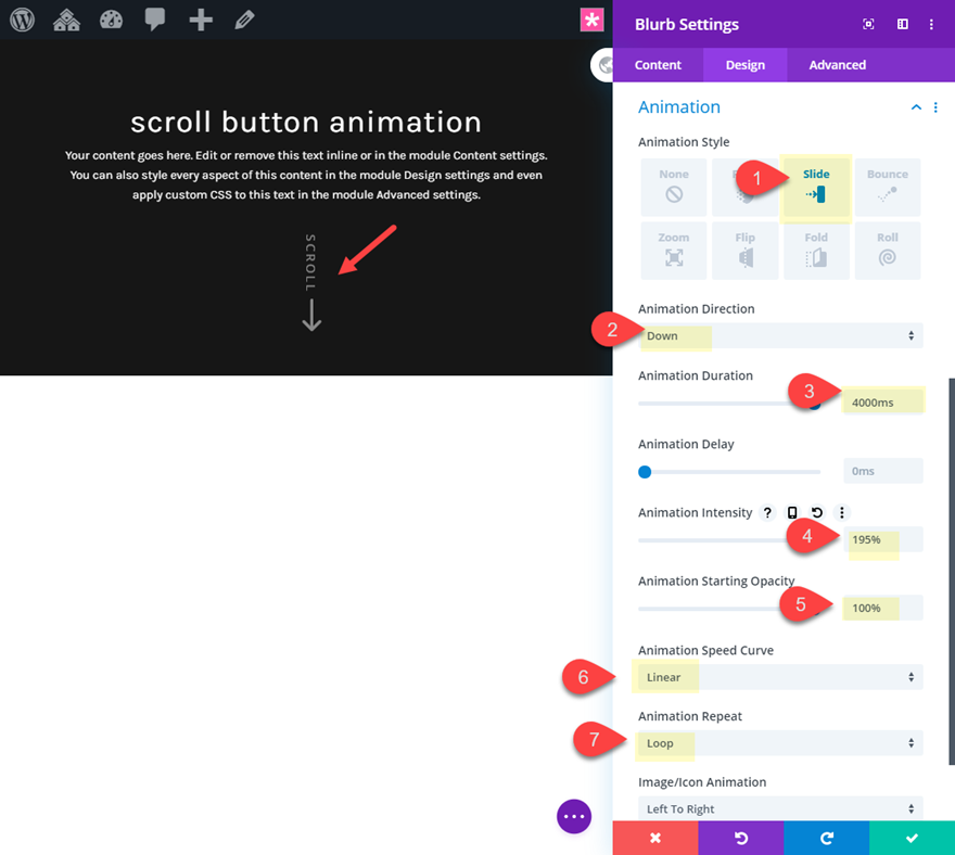 divi animasyonlu kaydırma düğmesi tasarımları