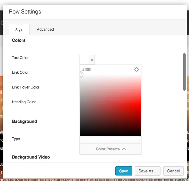 Cores das configurações de linha