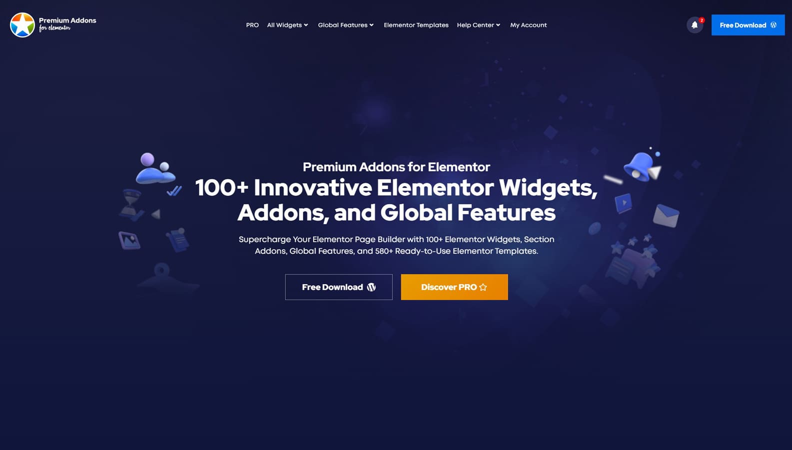Visual de complementos Premium para Elementor, um plugin projetado para aprimorar a funcionalidade do construtor Elementor com mais de 550 modelos.