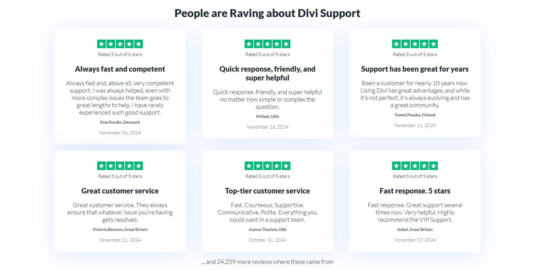 Recenzje TrustPilot na temat obsługi klienta Great Divi