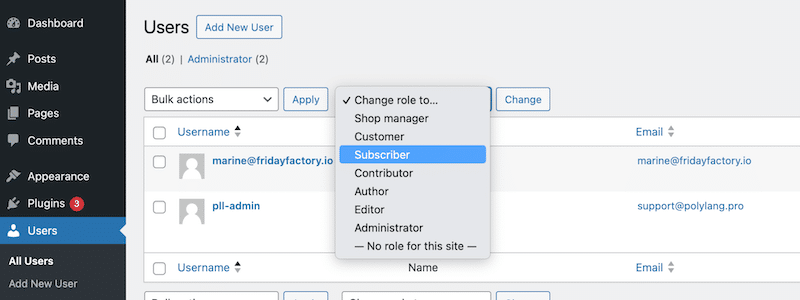 WordPress でのロールの割り当て - 出典: My WordPress admin