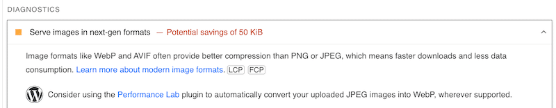 PageSpeed の次世代フォーマットで画像を提供 - 出典: PageSpeed Insights