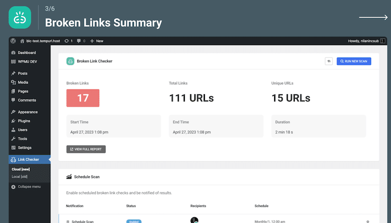 壊れたリンクの検出の例 - 出典: Broken Link Checker