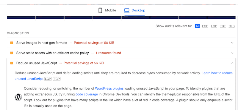パフォーマンス監査の例 - 出典: PageSpeed Insights