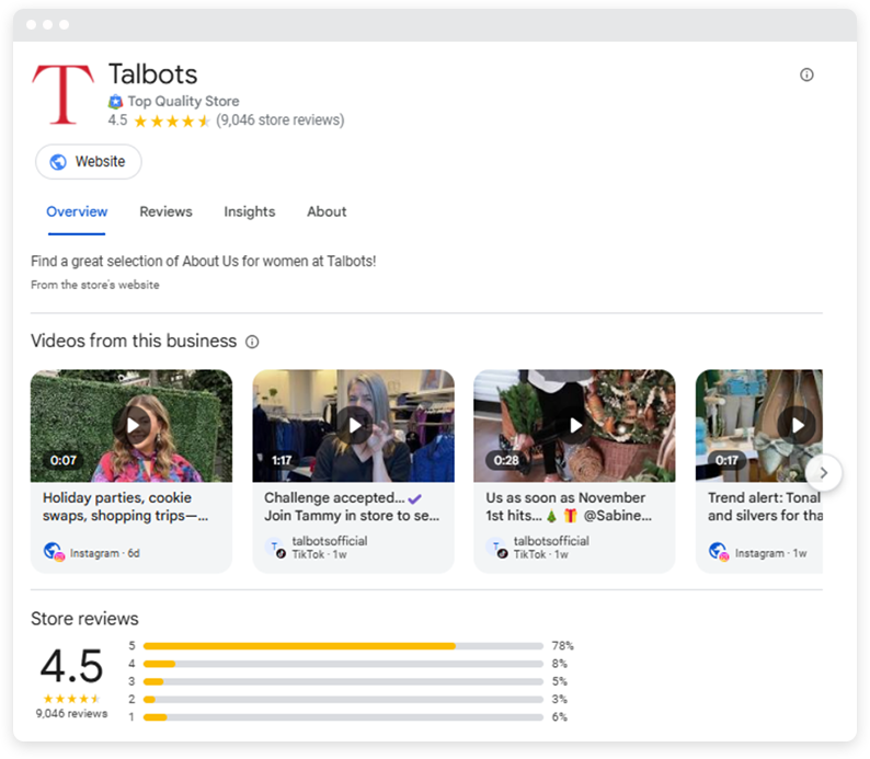 Google 对 Talbots 商店的评论。