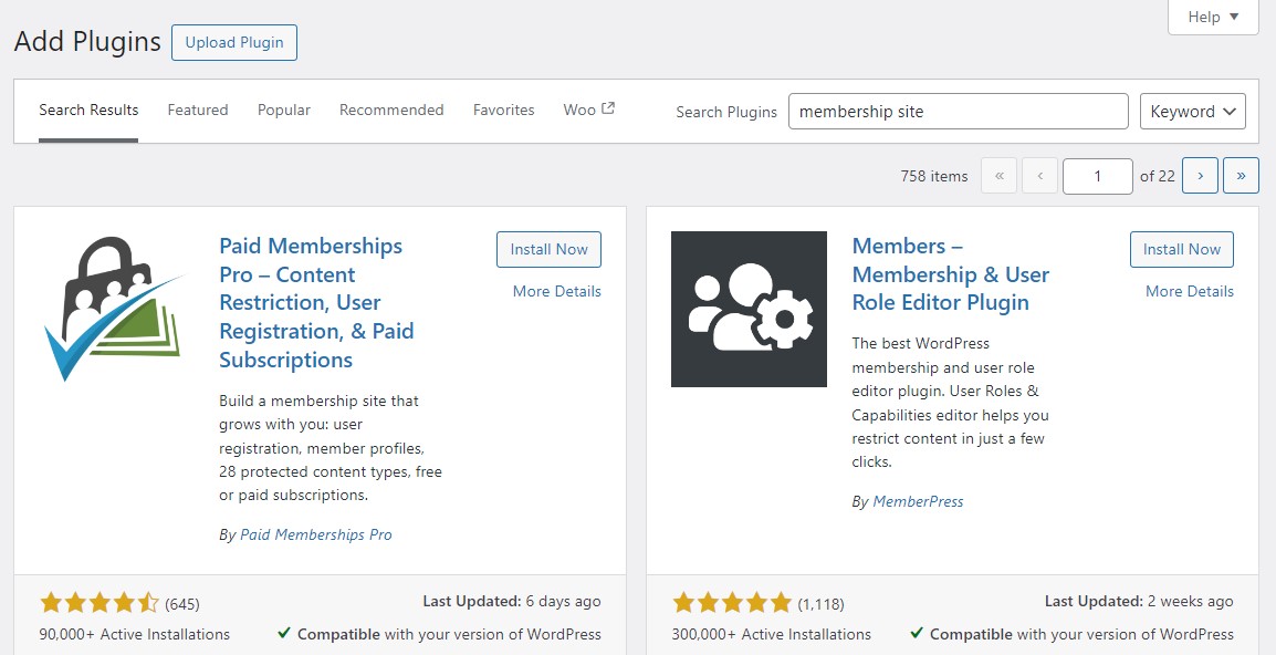 멤버십 플러그인을 표시하는 WordPress 웹사이트 대시보드의 WordPress.org 플러그인 저장소 피드입니다.