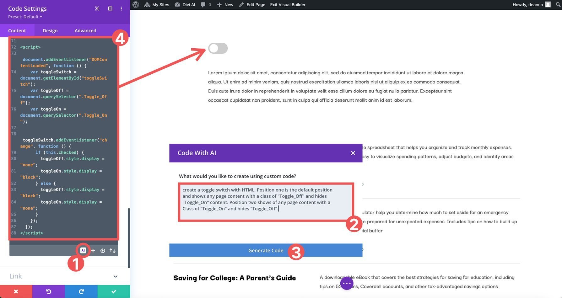 Divi AI-Codegenerierung