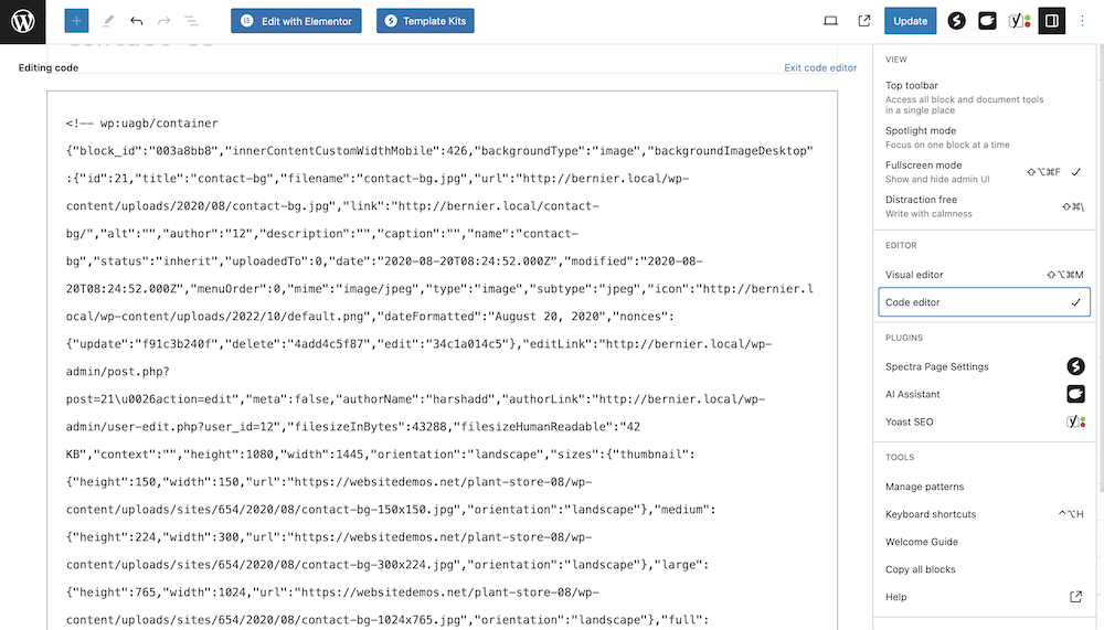 显示“代码编辑器”选项卡的 WordPress 块编辑器