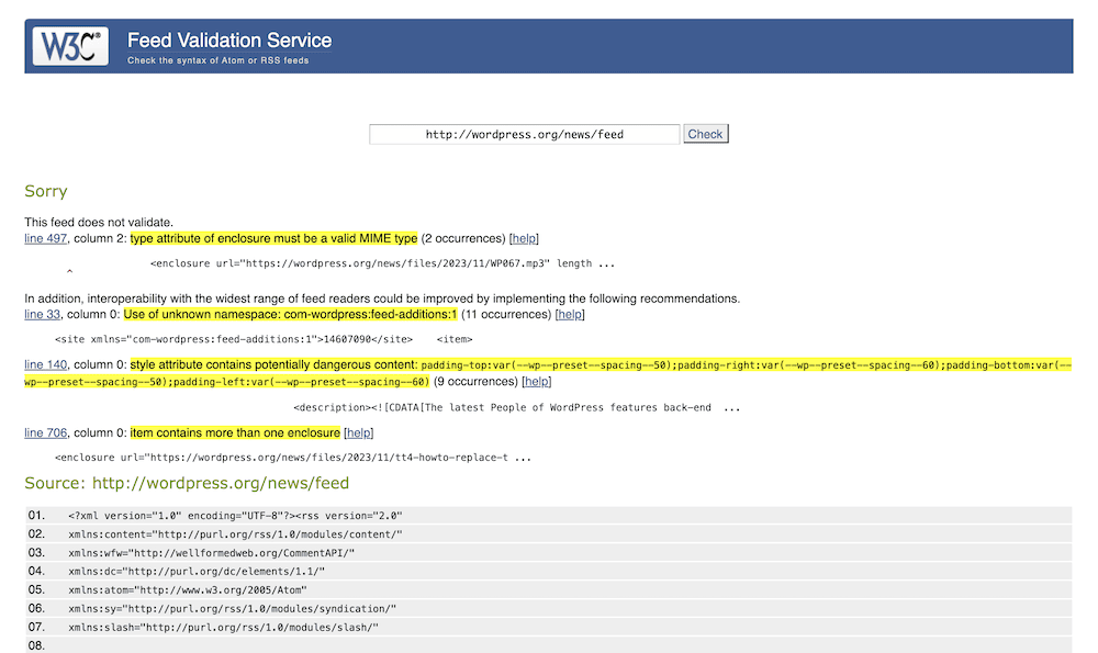 W3C Feed Validator 显示 RSS feed 错误。